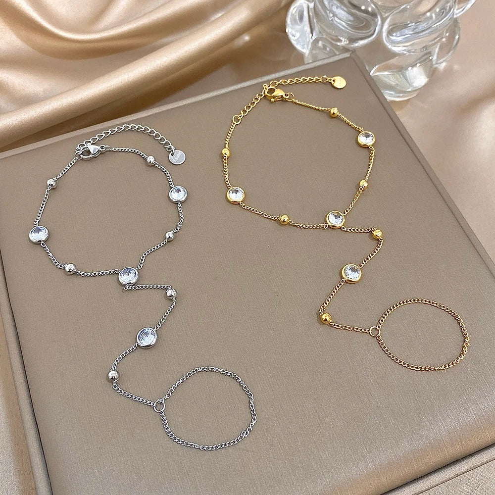 Gold Plated Stainless Steel Ring Hand Chain Bracelet Women’s Jewelry