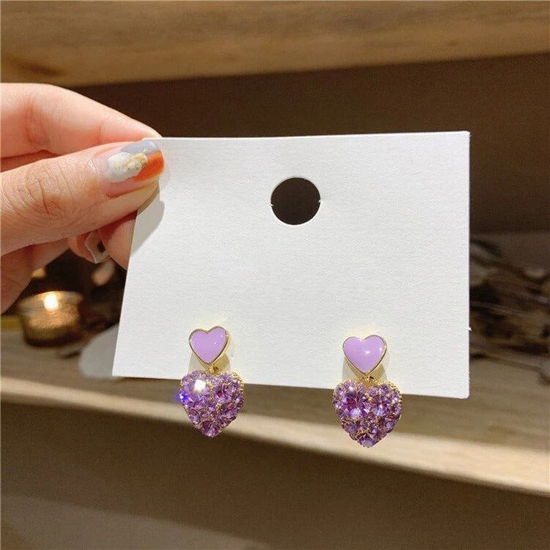 Cute Purple Heart Drop Earrings Women Crystal Rhinestone Jewelry