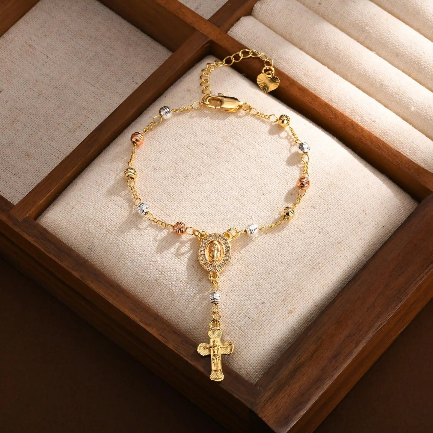 Catholic Cross Rosary Bracelet with Virgin Mary Charm – Baptism & Christening Gift for Women