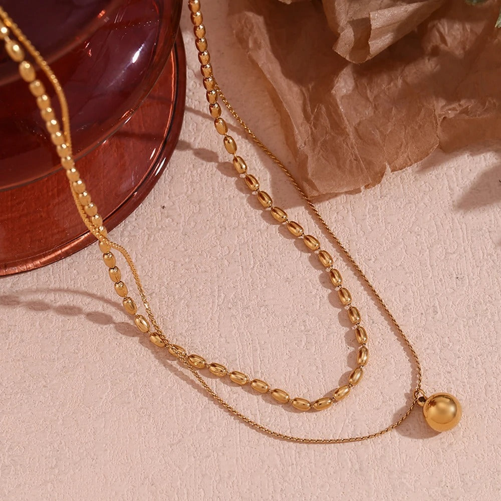 E.B.belle Simple Double-layer Rice bead Pendant Necklace 316L Stainless Steel Decoration 18K Gold Plated Jewelry