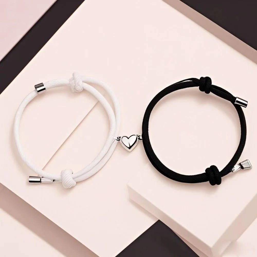 2-Pc Black & White Magnetic Couple Bracelets with Heart Charm