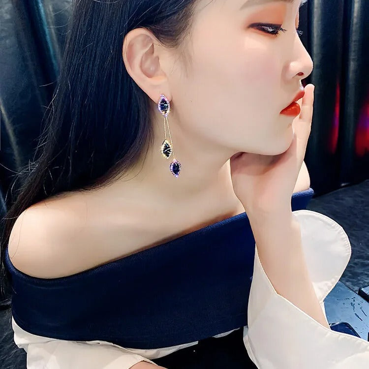 Long Tassel Leaf Drop Earrings for Women Purple Crystal Dangle Jewelry Gift