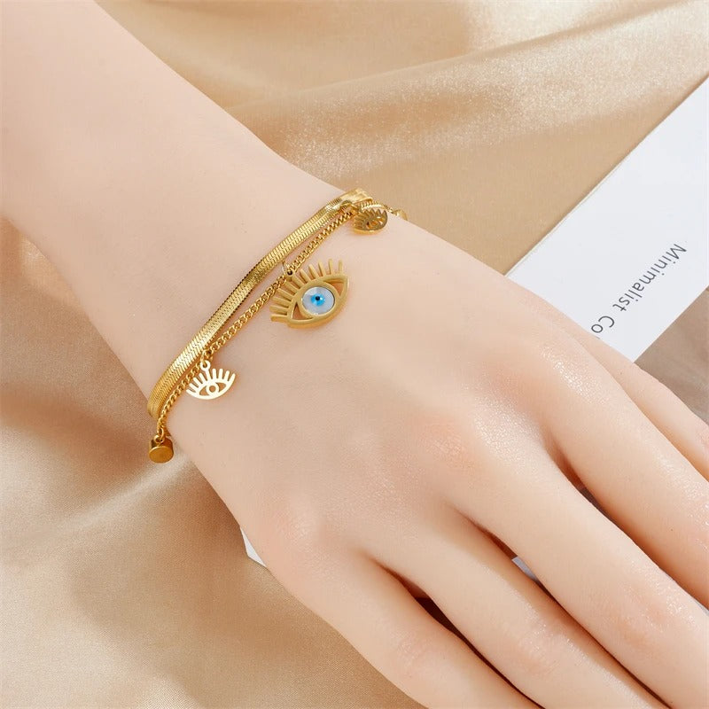 DIEYURO 316L Stainless Steel 2-Color Multilayer Retro Eyes Charm Bracelet For Women Girl New Waterproof Jewelry Gift Party