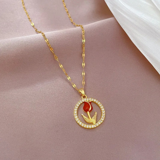 Charming and Elegant Tulip and Rose Pendant Necklace with Hollow Circle Design