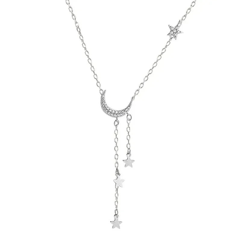 Exquisite Bling Silver Color Tassel Star Moon Necklace For Women Clavicle Chain Woman Jewelry Birthday Gift Accessories