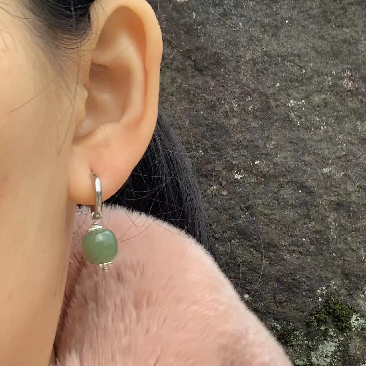 Natural Green Jade Hoop Earrings Jasper Stainless Steel Women’s Jewelry