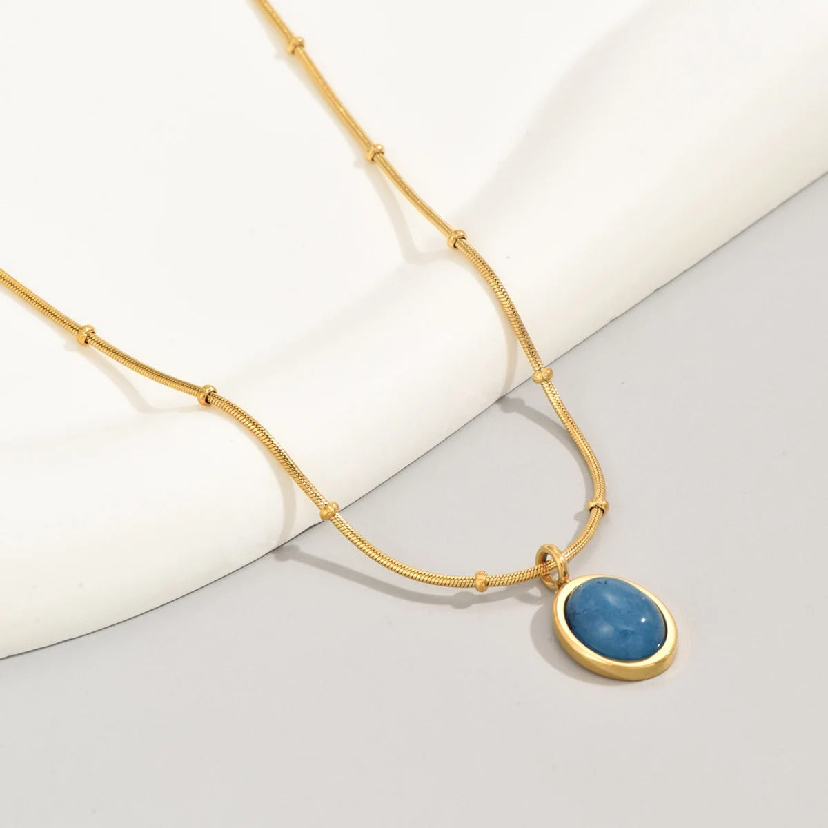 Star Sea Blue Oval Aquamarine Necklace collarbone Chain stainless steel plated 18K gold