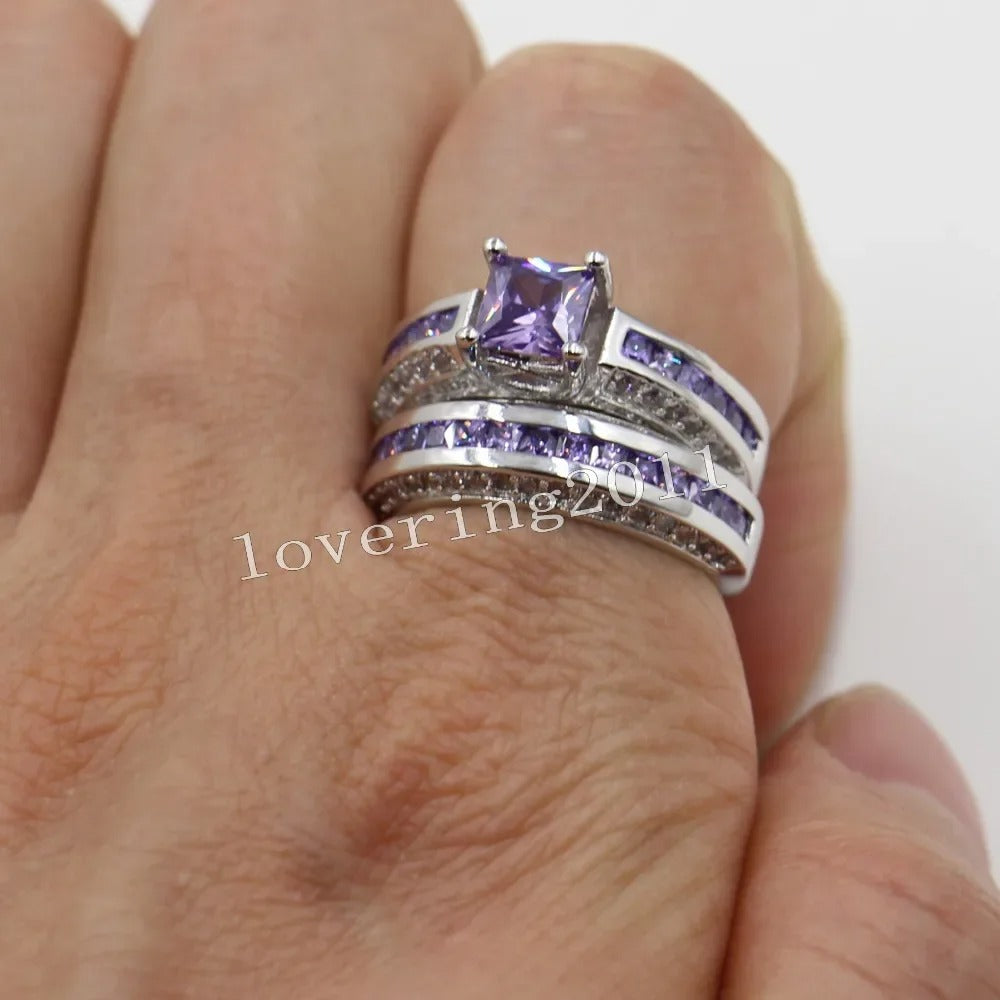 Lovers Lab Amethyst Promise Ring Set 10KT White Gold Wedding Band Rings for Women Men Jewelry Gift