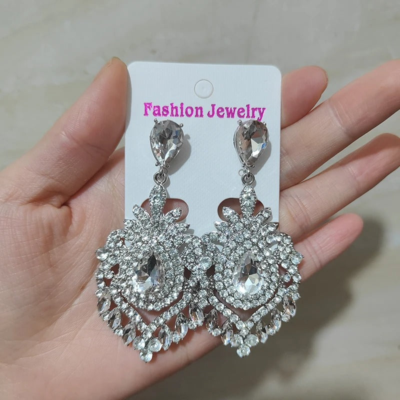 Vintage Statement Jewelry Wedding Long Green Emerald Crystal Rhinestone Chandelier Dangle Drop Earrings for Women