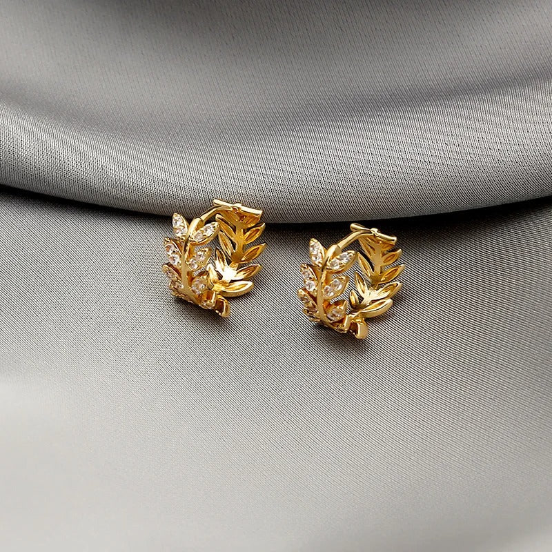 Leaf CZ Hoop Earrings Silver & Gold Women’s Fashion Jewelry Gift
