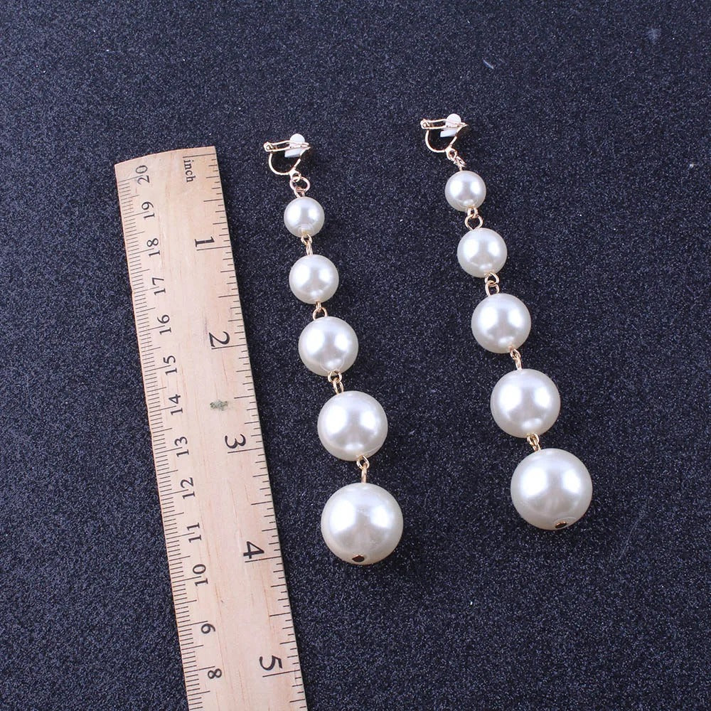 JIOFREE new design Trendy long Big Simulated Pearl Clip on Earrings Pearls String Statement Earrings For Wedding Party Gift
