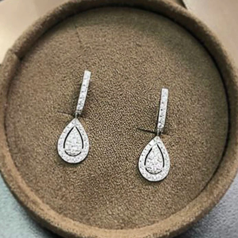 Women’s Statement Pear Shaped Drop Earrings Silver CZ Full Paved