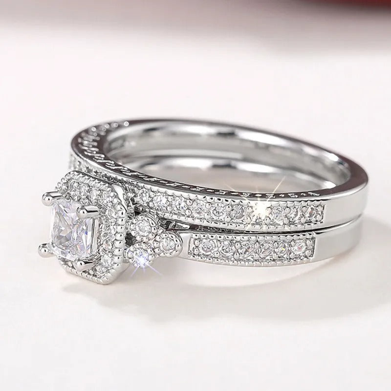 925 Sterling Silver Ring Set 2PCS Women Cubic Zircon Jewelry