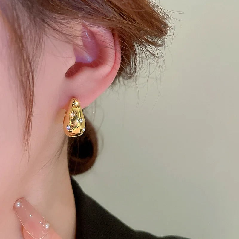 Stainless Steel Smooth Star Zircon Hoop Earrings for Women Girls Metal Chunky Sun Rhinestone Ear Elegant Jewelry