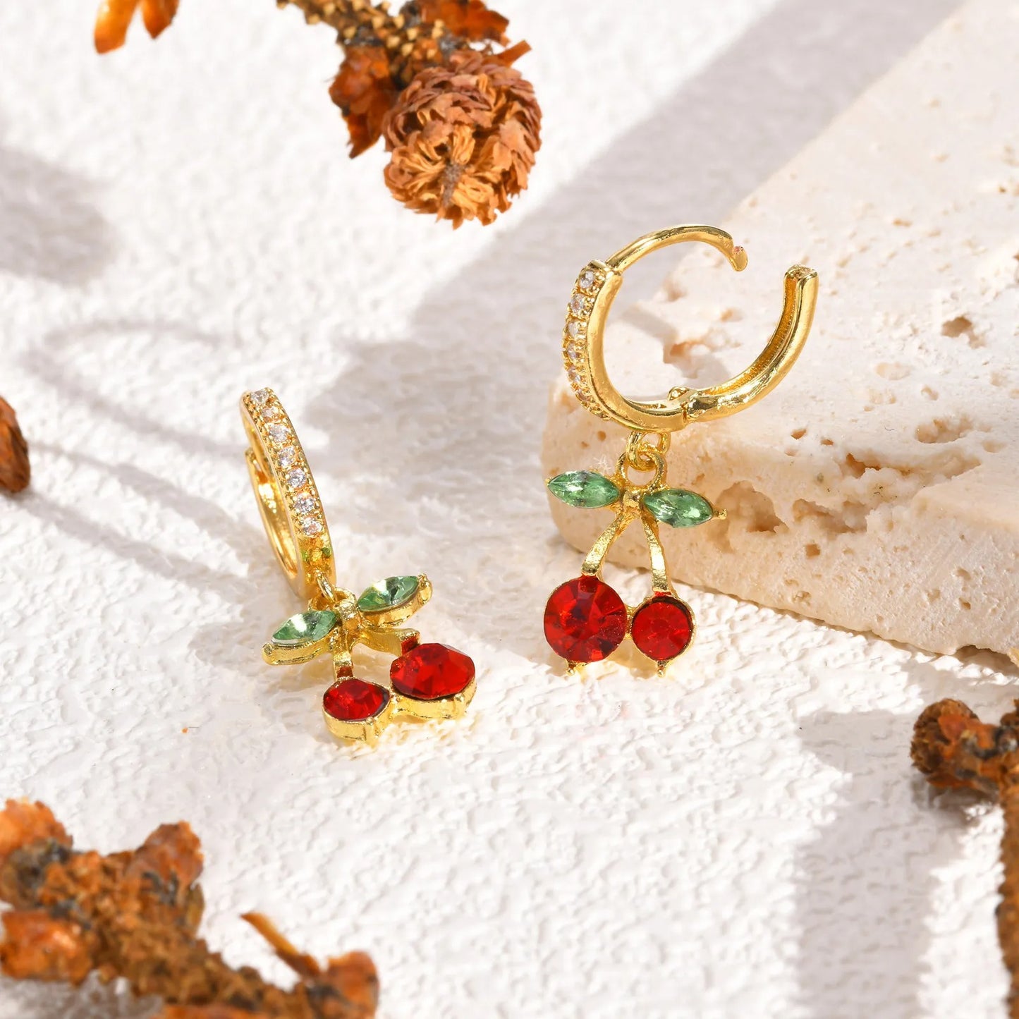 Cherry Zirconia Dangle Earrings Women Gold Plated Jewelry