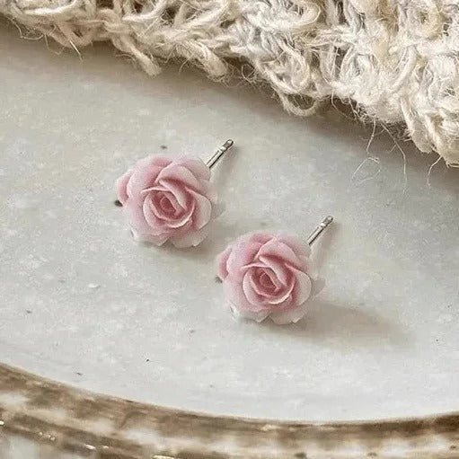 PONYKISS 925 Silver Mini Pink Rose Stud Earrings Women Jewelry