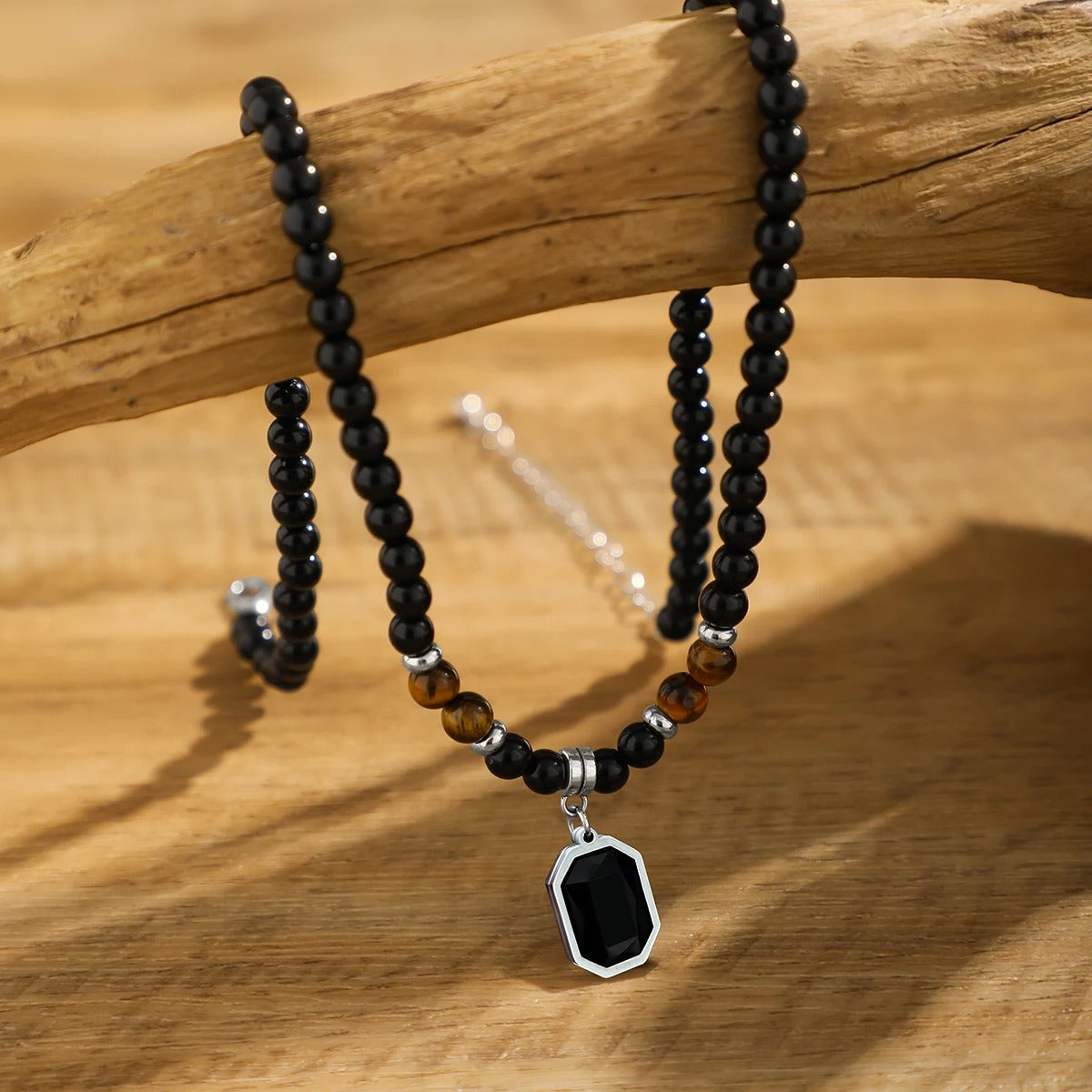 Salircon Simple Black Tiger Stone Beaded Clavicle Necklace Punk Geometric Stainless Steel Pendant Choker For Men Casual Jewelry