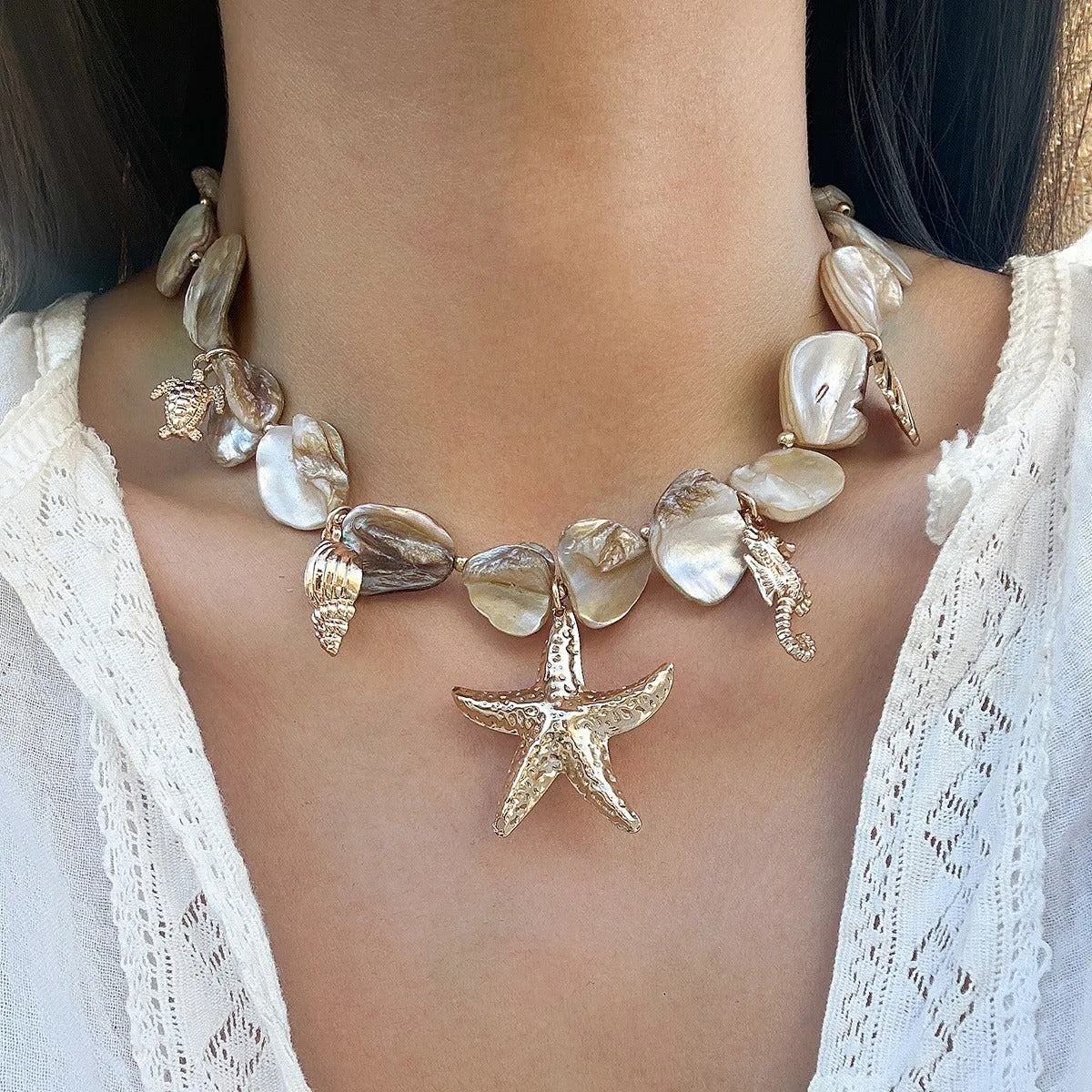 Sea Turtle Sea Conch Sea Star Pendant Necklace 2025 Women's Simple Creative Blue Stone Weaving Girls Beach Jewelry