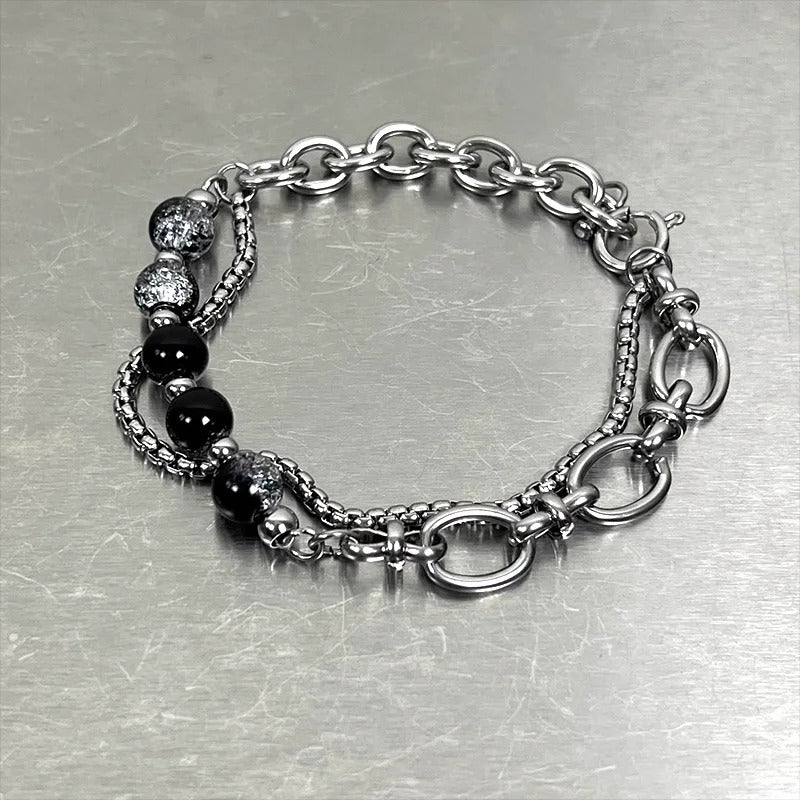 Stainless Steel Ice Cracking Bead Bracelet Layered Link Jewelry