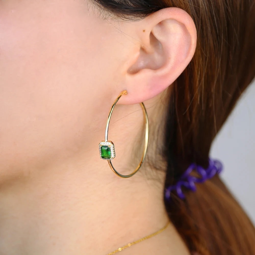 Big Gold Hoop Earrings with Green Rectangle for Women