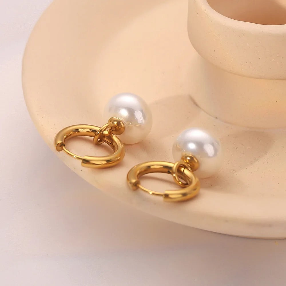 Imitation Pearl Drop Hoop Earrings Gold Stainless Steel Women