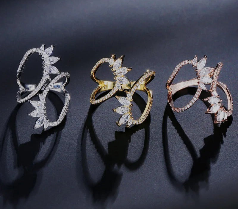 Cute Style White Color CZ Zirconia Leaf Open Rings Geometric Adjustable Ring Jewelry for Women Party Gift
