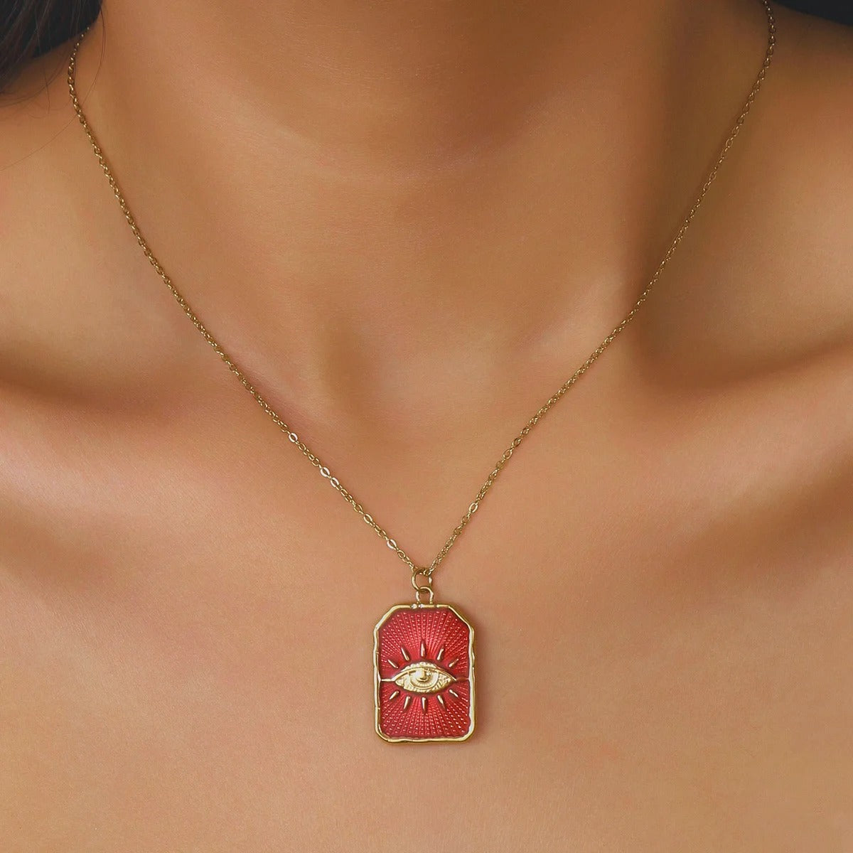 Stainless Steel Square Red Enamel Evil Eye Charm Necklace Waterproof 14K Gold Color Pendant Choker Jewelry For Women Daily Wear