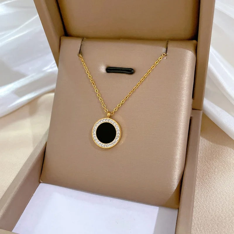 316L Stainless Steel Round Black Stone Pendant Necklace For Women Girl New Fashion Clavicle Chain Jewelry Gift Party