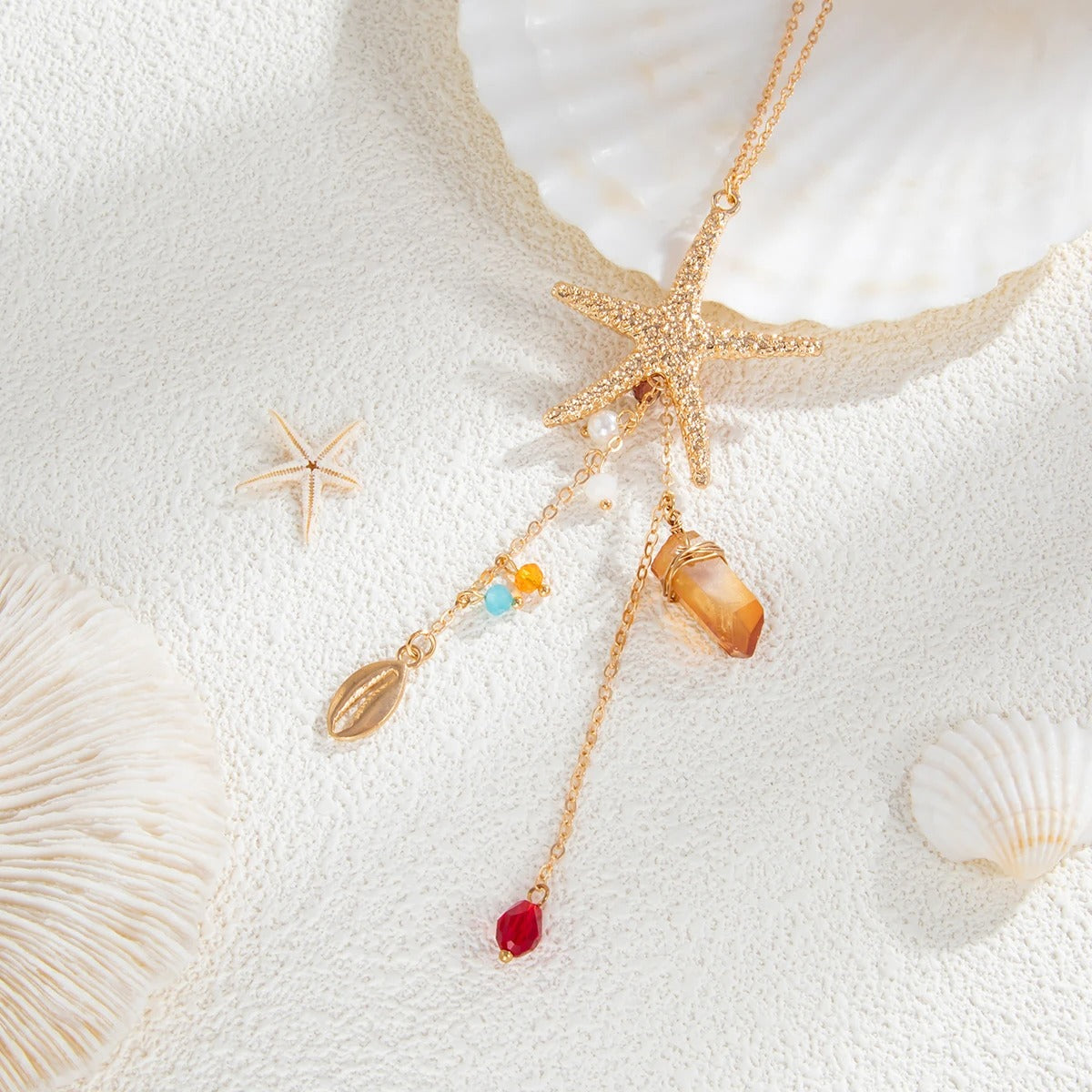 Ingemark Bohemia Starfish Scallop Crystal Long Tassel Pendant Necklace For Women Summer Beach Vacation Charm Jewelry Accessories