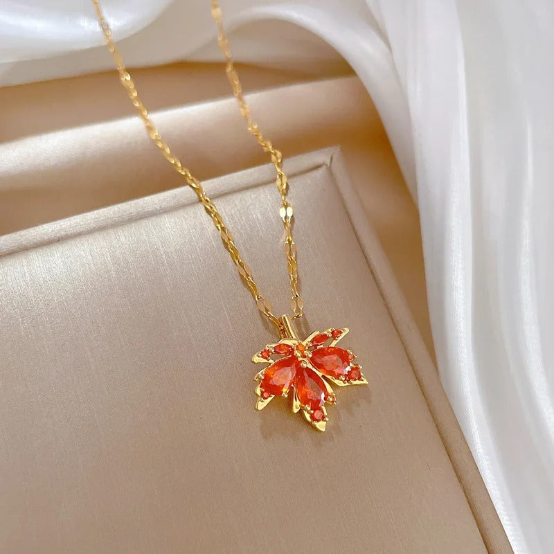 316L Stainless Steel Red Maple Leaf Crystal Pendant Necklace For Women Girl New Trend Clavicle Chain Jewelry Gift Party