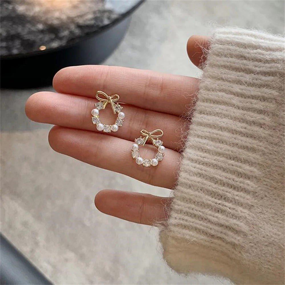 Simple Bow Garland Crystal Pearl Earrings Trendy Acrylic Women’s Party Jewelry