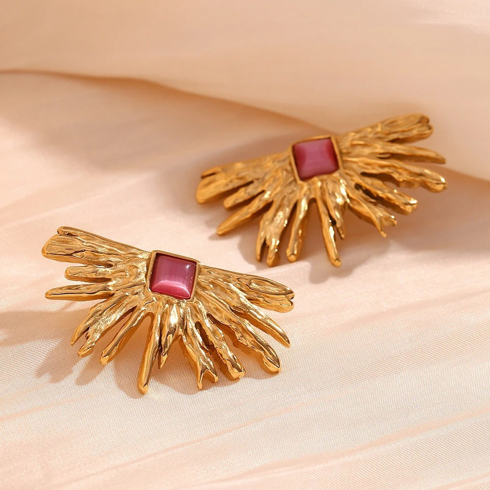 New Design Red Agate Sun Flower Earrings Women Exaggerated Jewelry