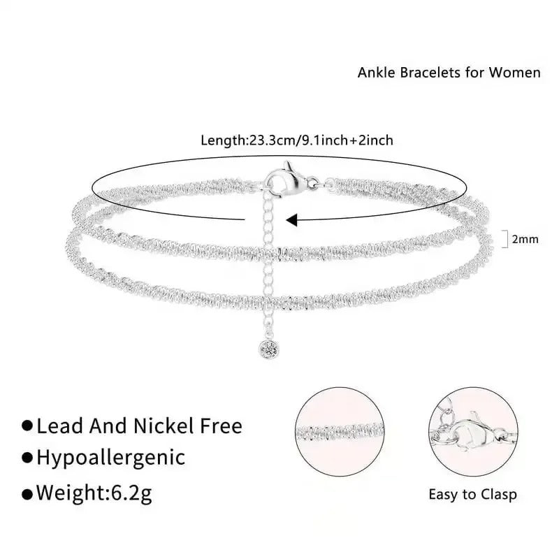 Dainty Layered Anklet for Women Stainless Steel Glitter Waterproof Bracelet, Summer Beach Jewelry Gift