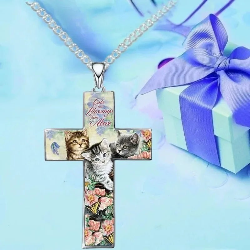 Three Cats Cross Necklace Kids Christian Religious Jewelry Gift