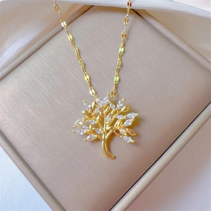 Fashionable and Gorgeous Micro Inlaid Stainless Steel Life Tree Necklace, Classic and Personalized Girl Party Lucky Gift