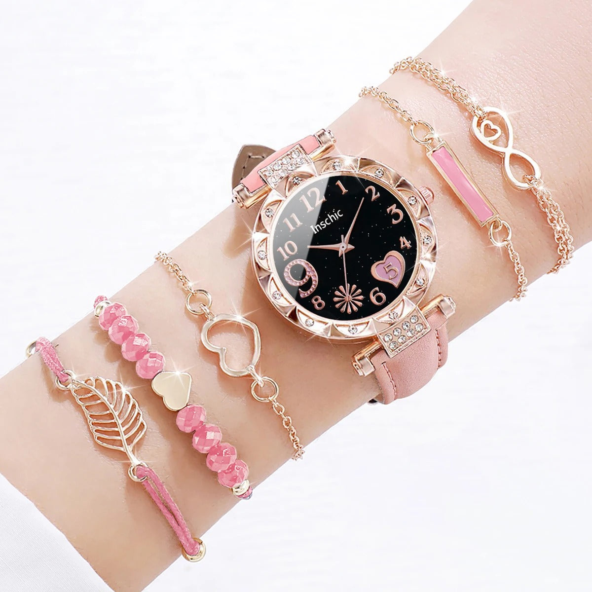 6PCS Women’s Heart Dial Watch & Leaf Bracelet Set Casual Leather