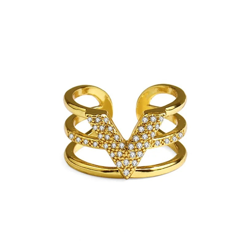 LIVVY Fashion Silver Color V-shape Three-layer Zircon Adjustable Rings For Woman Fashion High-end Trend Jewelry Accessories