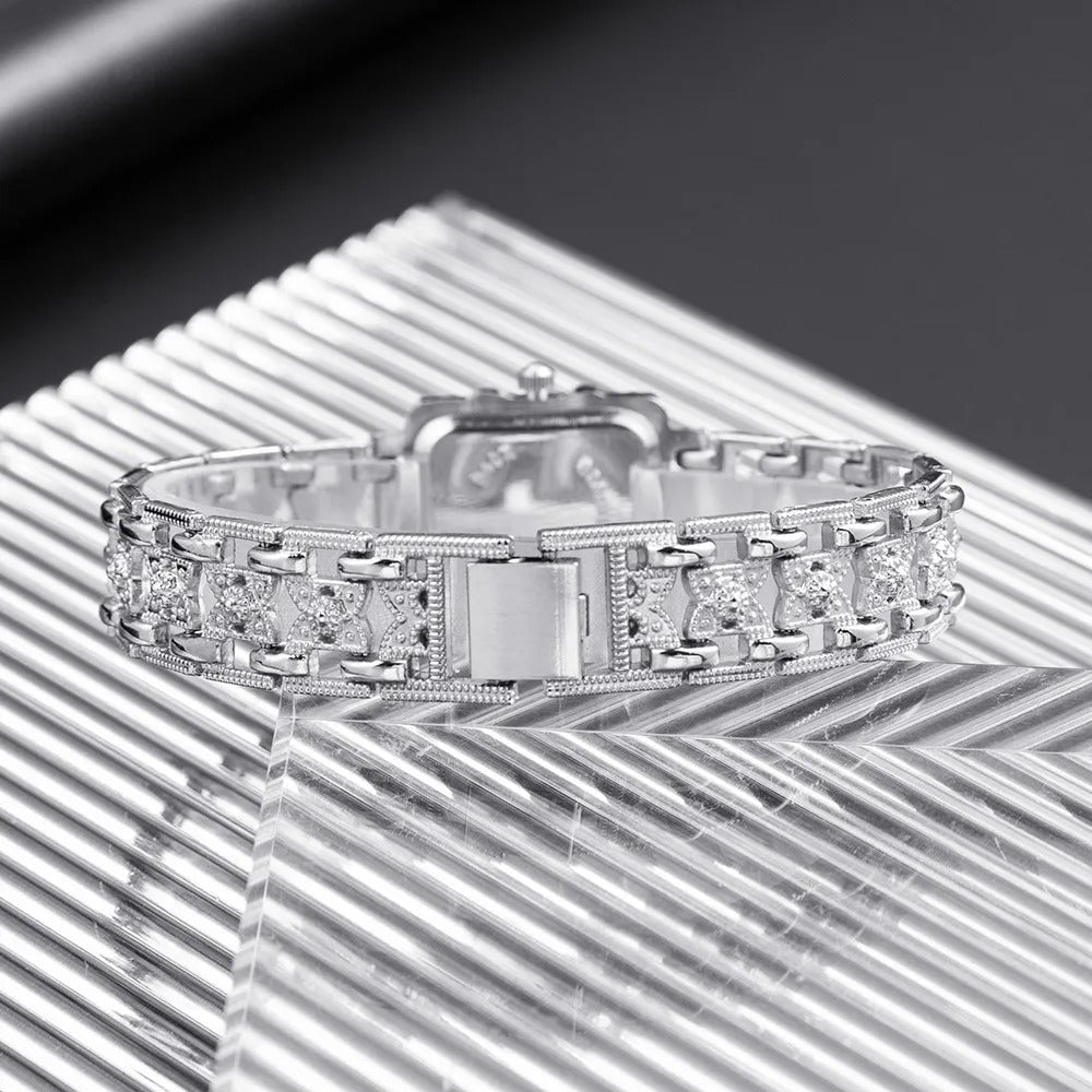 Women Watch Rectangle Dial Silver Stainless Steel Crystal Watches Fashion Quartz For Women ladies