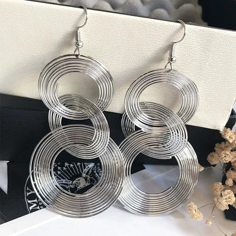 Gold 3 Circle Geometric Long Dangle Earrings Women Boho Jewelry