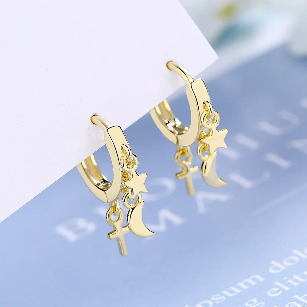 Women’s Rhinestone Star Hoop Earrings Punk Moon Sun Cross Jewelry