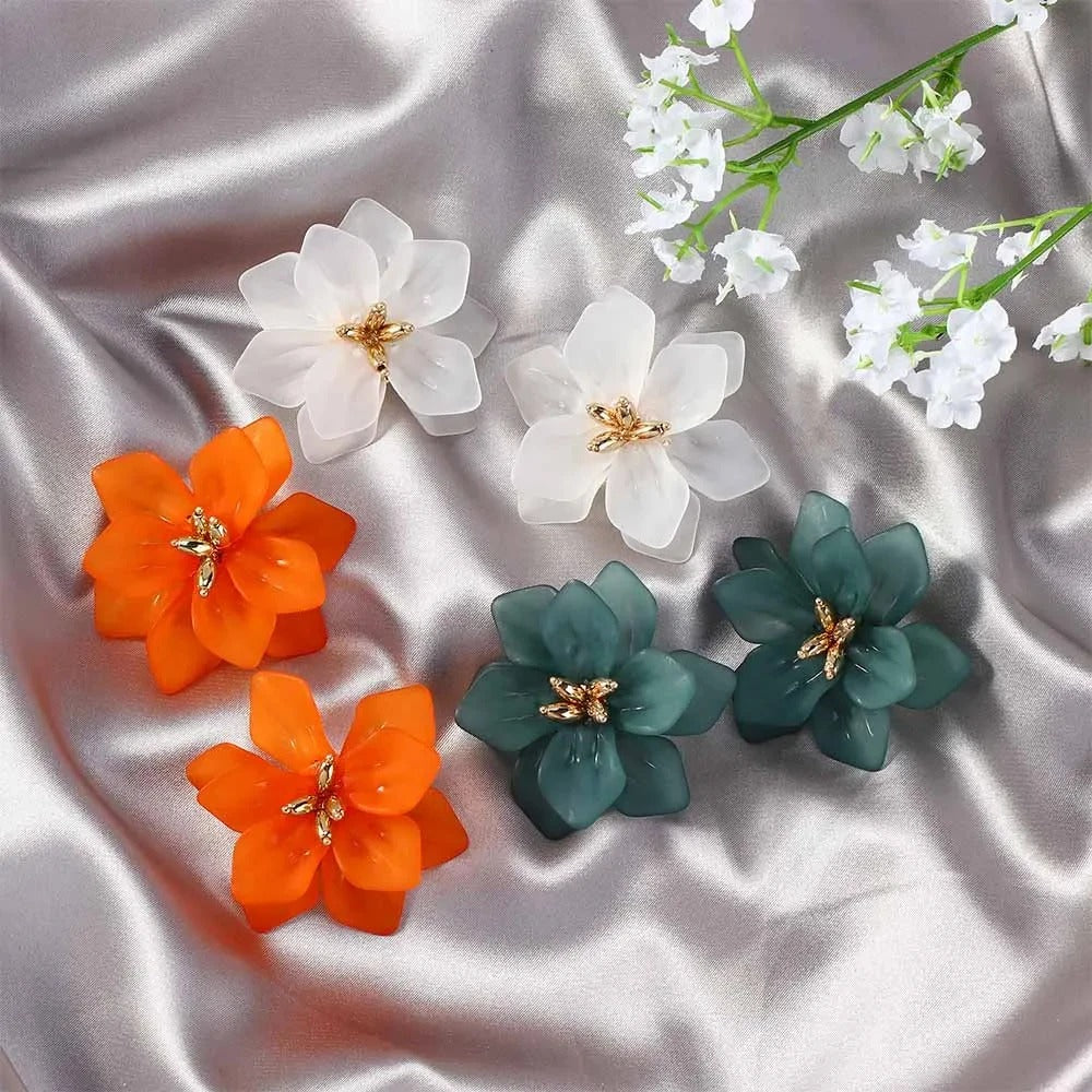 Orange White Green Floral Resin Stud Earrings Women Fashion