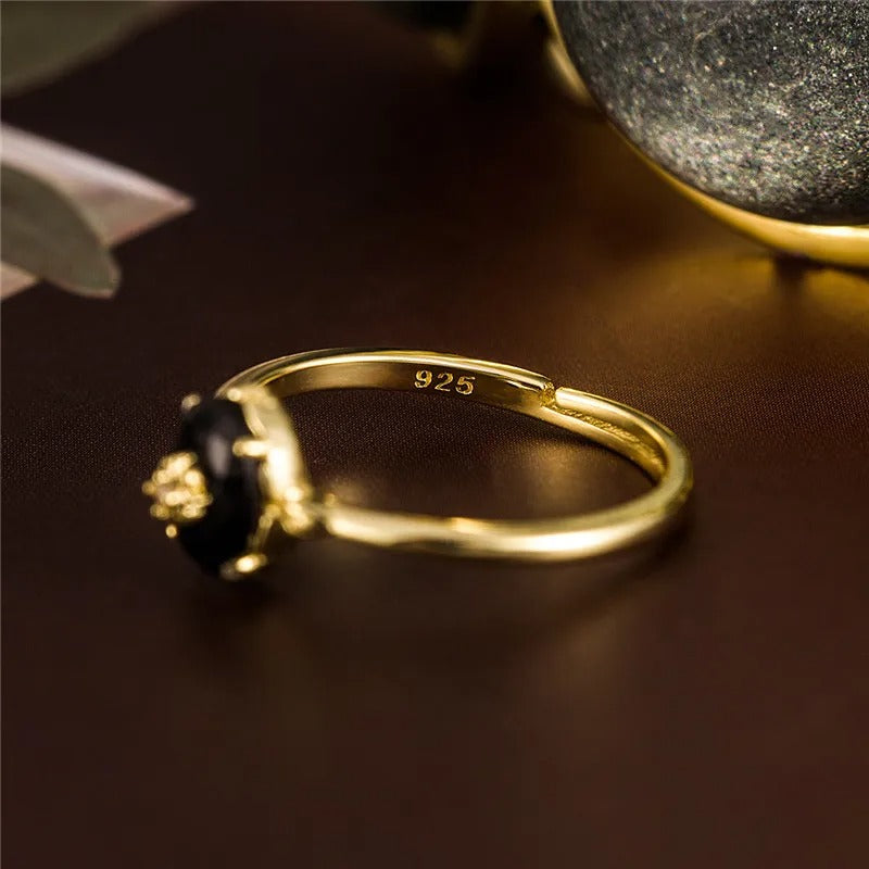 Real 925 Sterling Silver 18k Gold Plating Synthetic black agate Open Ring For Women vintage Light Luxury Fine Jewelry