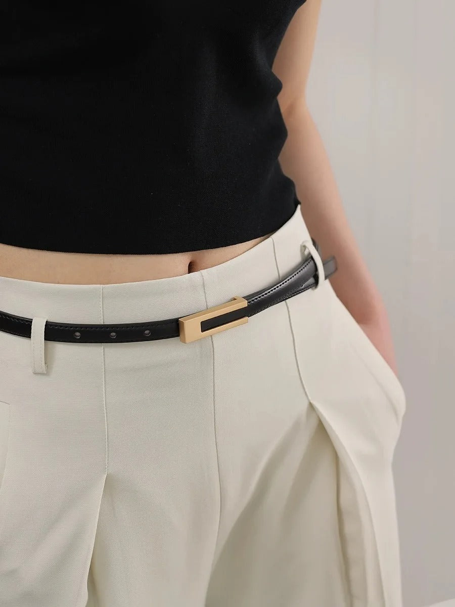 Real Leather Thin Belt Women Fashion Gold Metal Black White Belt Female Jeans Dress Accessories Waistband Skinny Girdle