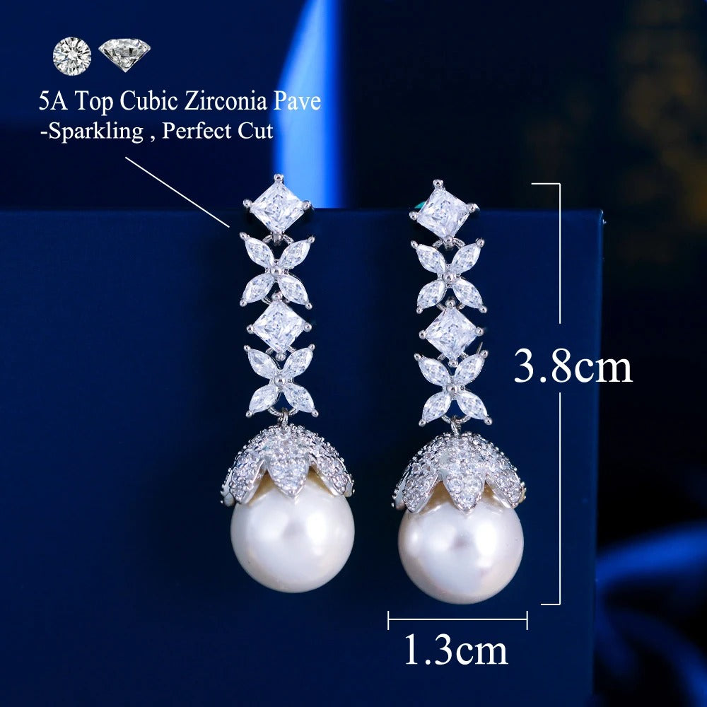 CWWZircons Elegant White Cubic Zirconia Leaf Shape Long Dangle Drop Pearl Earring for Women Festive Bridal Wedding Pageant CZ773