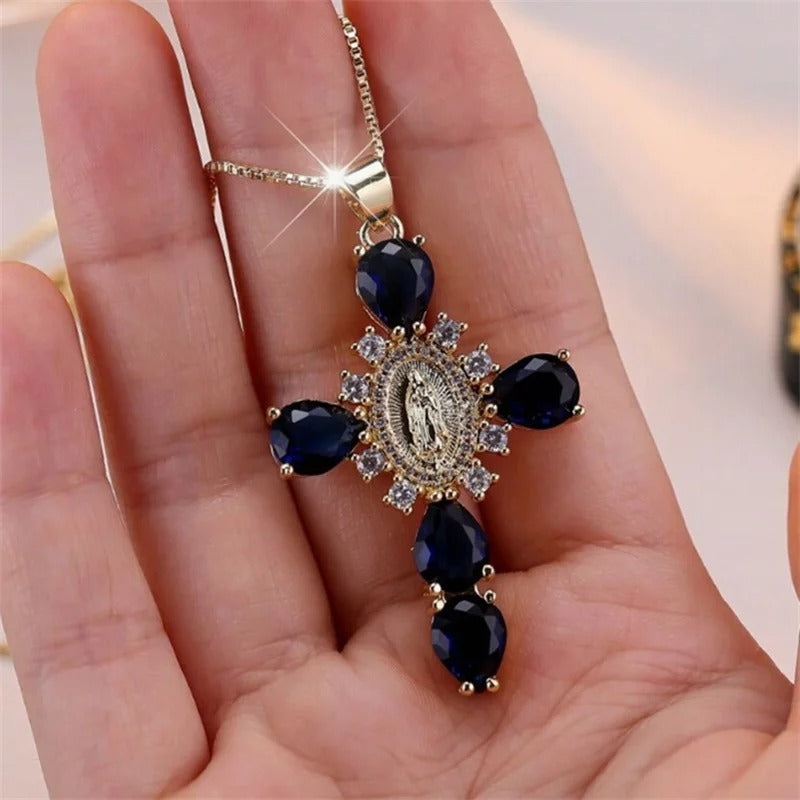 Luxury Crystal Pink Zircon Pendant Necklace For Women Vintage Water Drop Cross Rhinestones Choker Wedding Party Jewelry Gifts