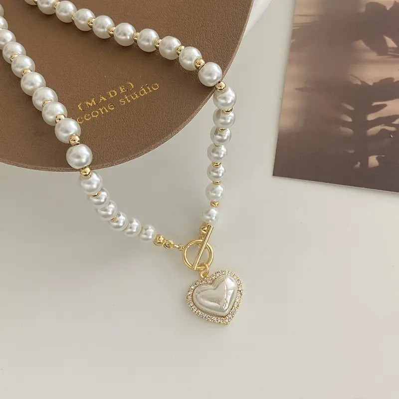 Elegant Pearl Necklace Heart Pendant Luxury Imitation Pearls Women