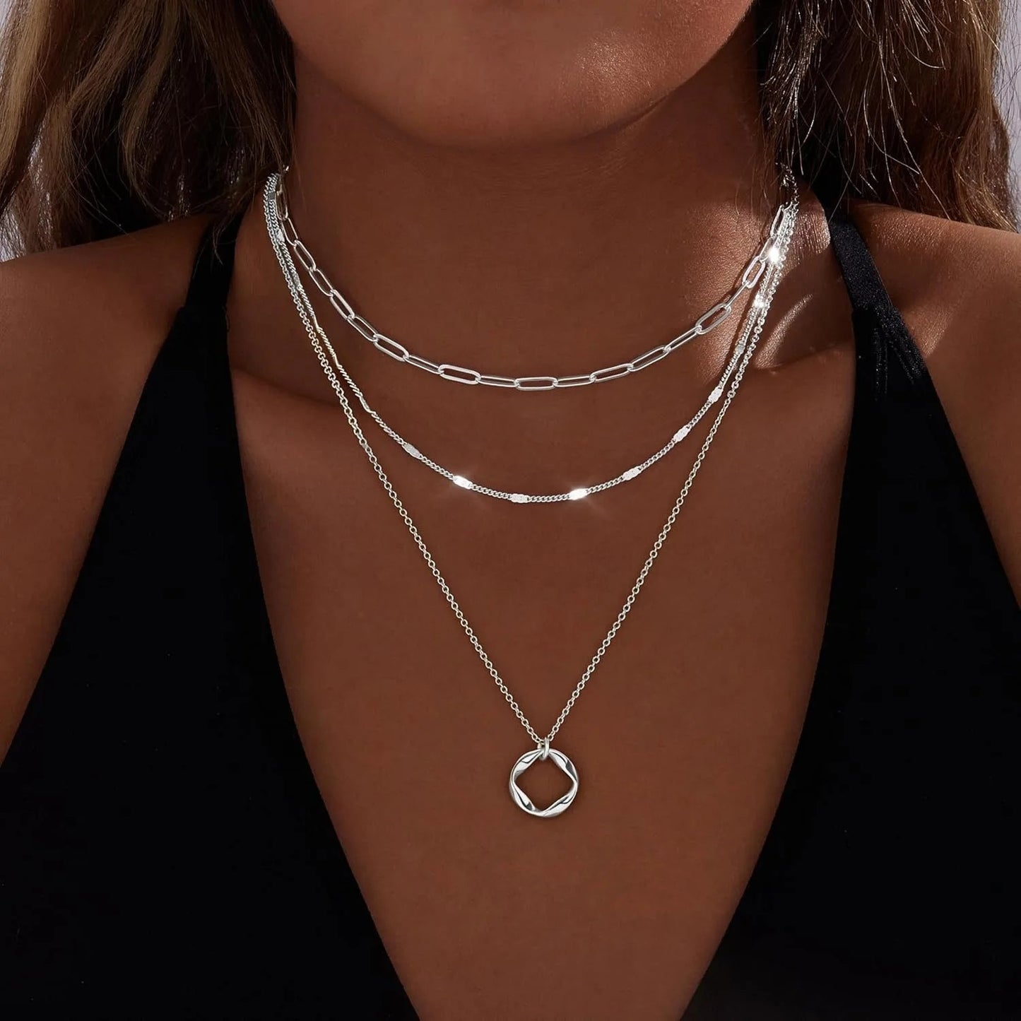 Layered Gold Necklaces for Women Stackable 14K Gold Silver Plated Circle Paperclip Chain Pendant Choker Necklace Set For Woman