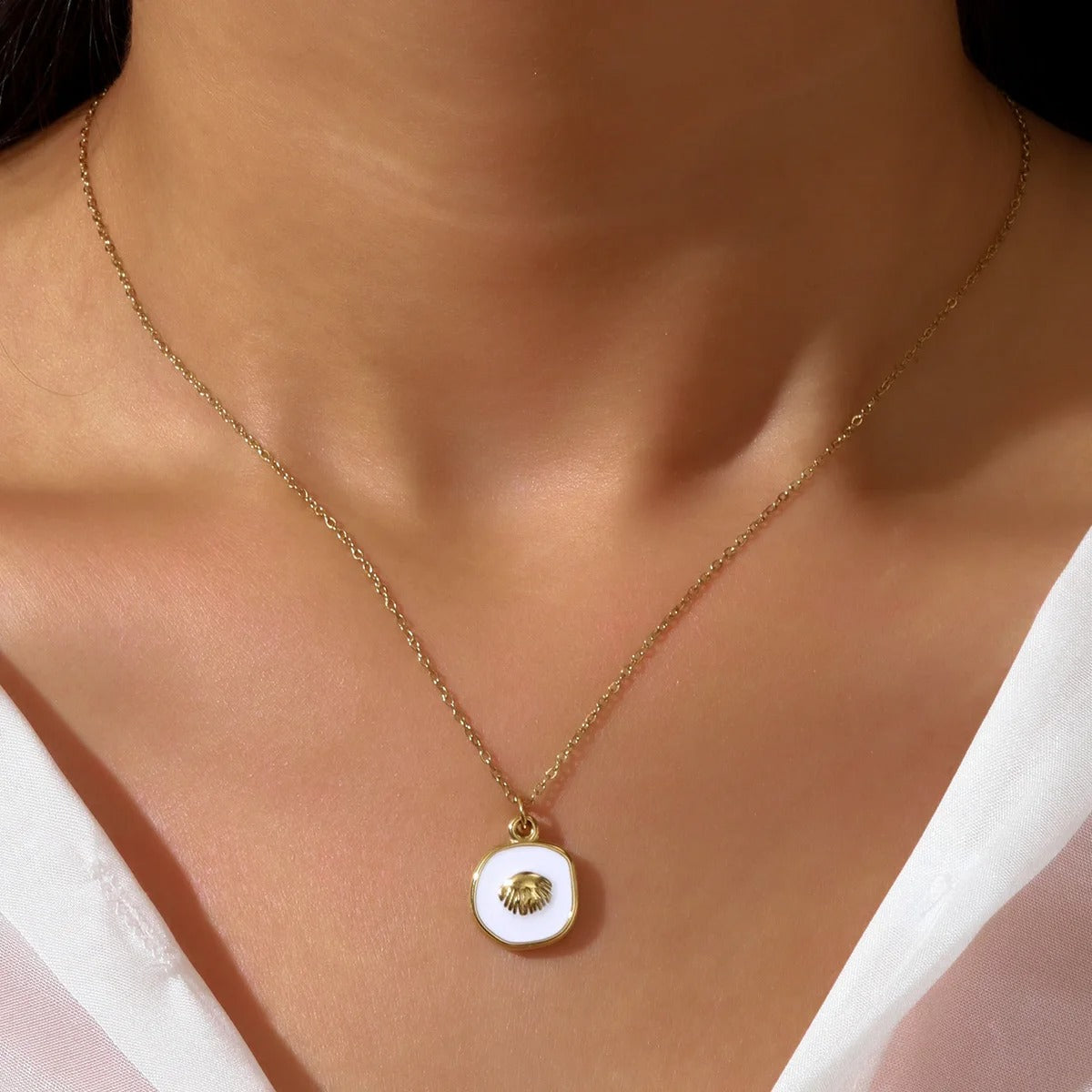Stainless Steel Enamel Seagrass Necklace 14K Gold Plated