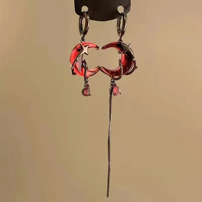 Red Moon Tassel Cosplay Earrings for Unisex