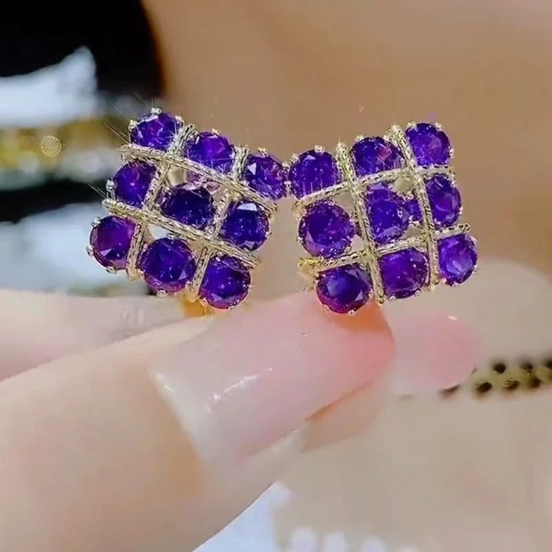 New Fashion Purple Zircon Square Stud Earrings Women Premium Gift